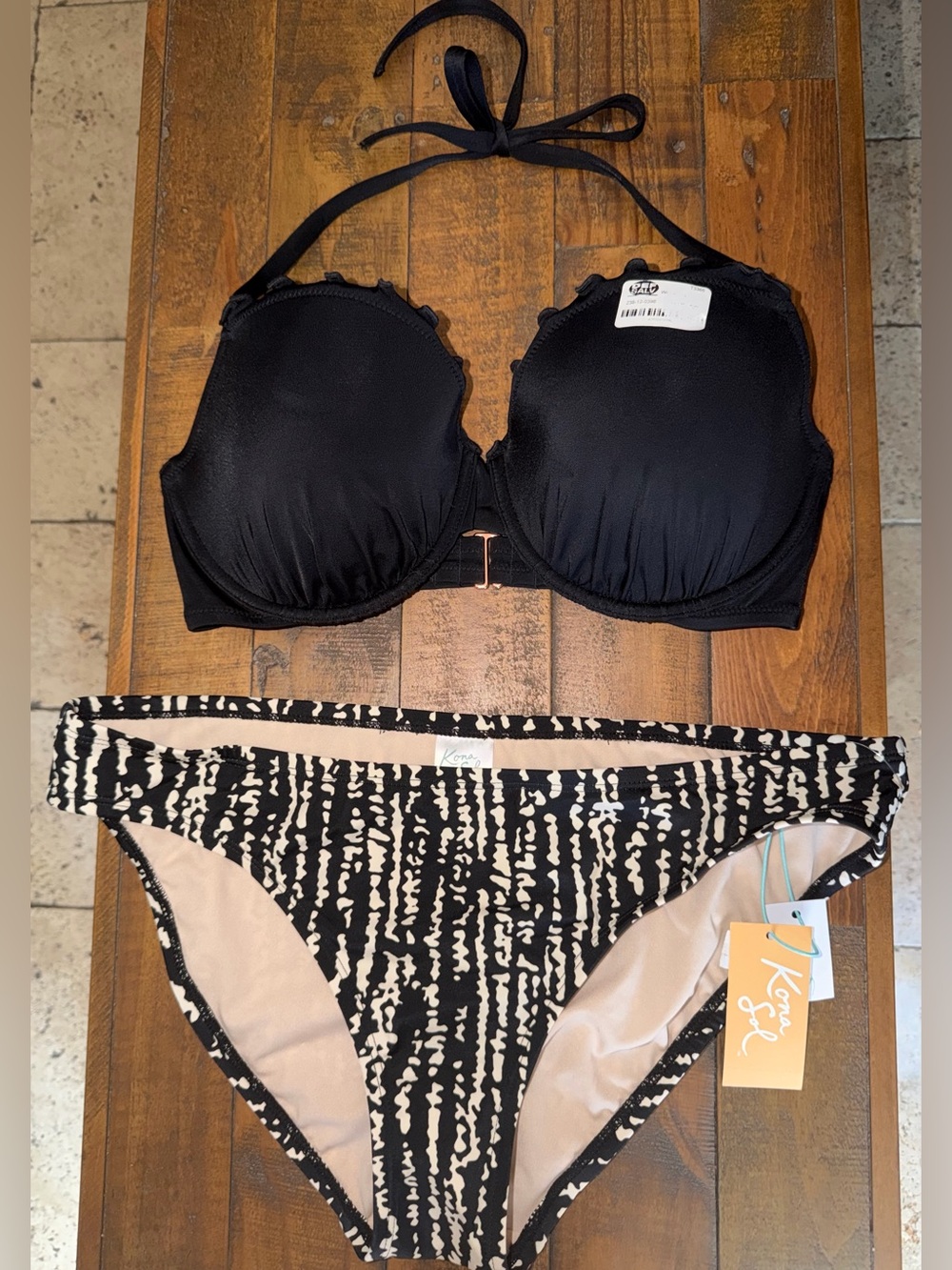 Kona Sol Black Halter Top with Black & White Pattern Bikini Bottom